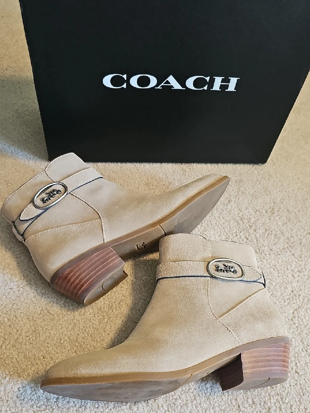 Coach Beige Suede Ankle Booties with Branded Medallion - Picture 1 of 11